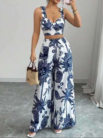 Printed Crop Top and Wide - Leg Pants Set: Effortless Chic Outfit