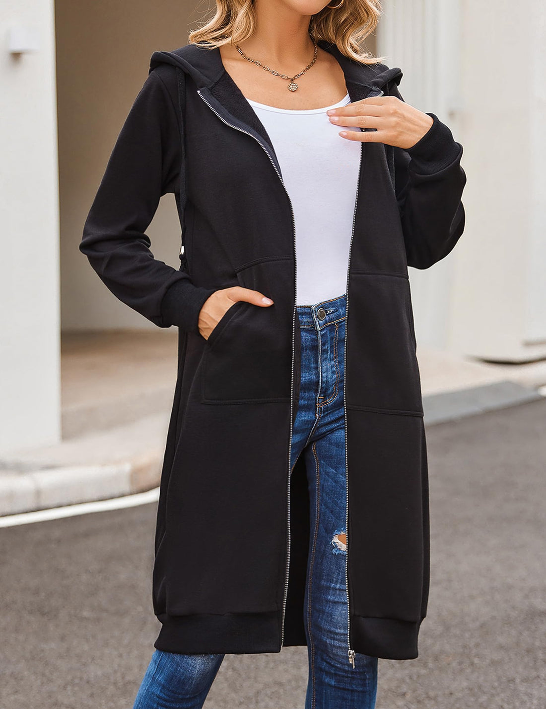 Women Casual Zip up Fleece  Long Hoodie Jacket