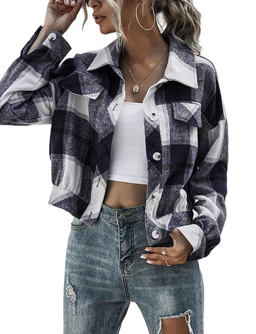 Women's Flannel Plaid Button Down Cropped Jacket