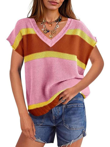 Women's Cap Sleeve Colorblock Loose Knit Top