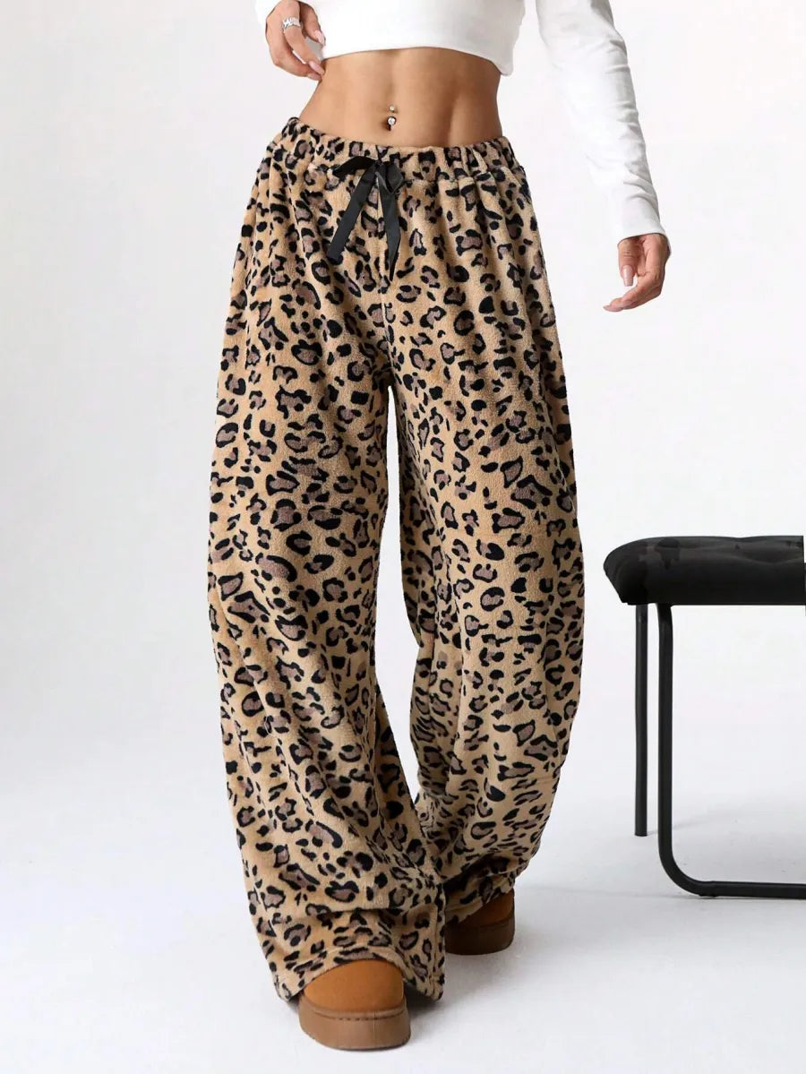 Women's Tie-Waist Fluffy Print Casual Wide Leg Baggy Pants