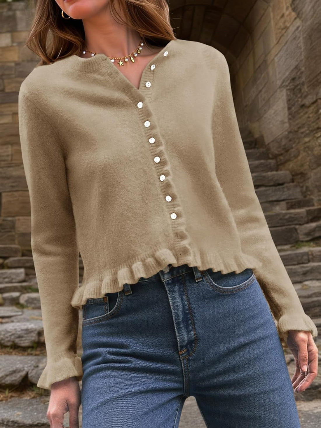 Womens Ruffle Button Up Cute Soft Knit Cardigan Sweaters