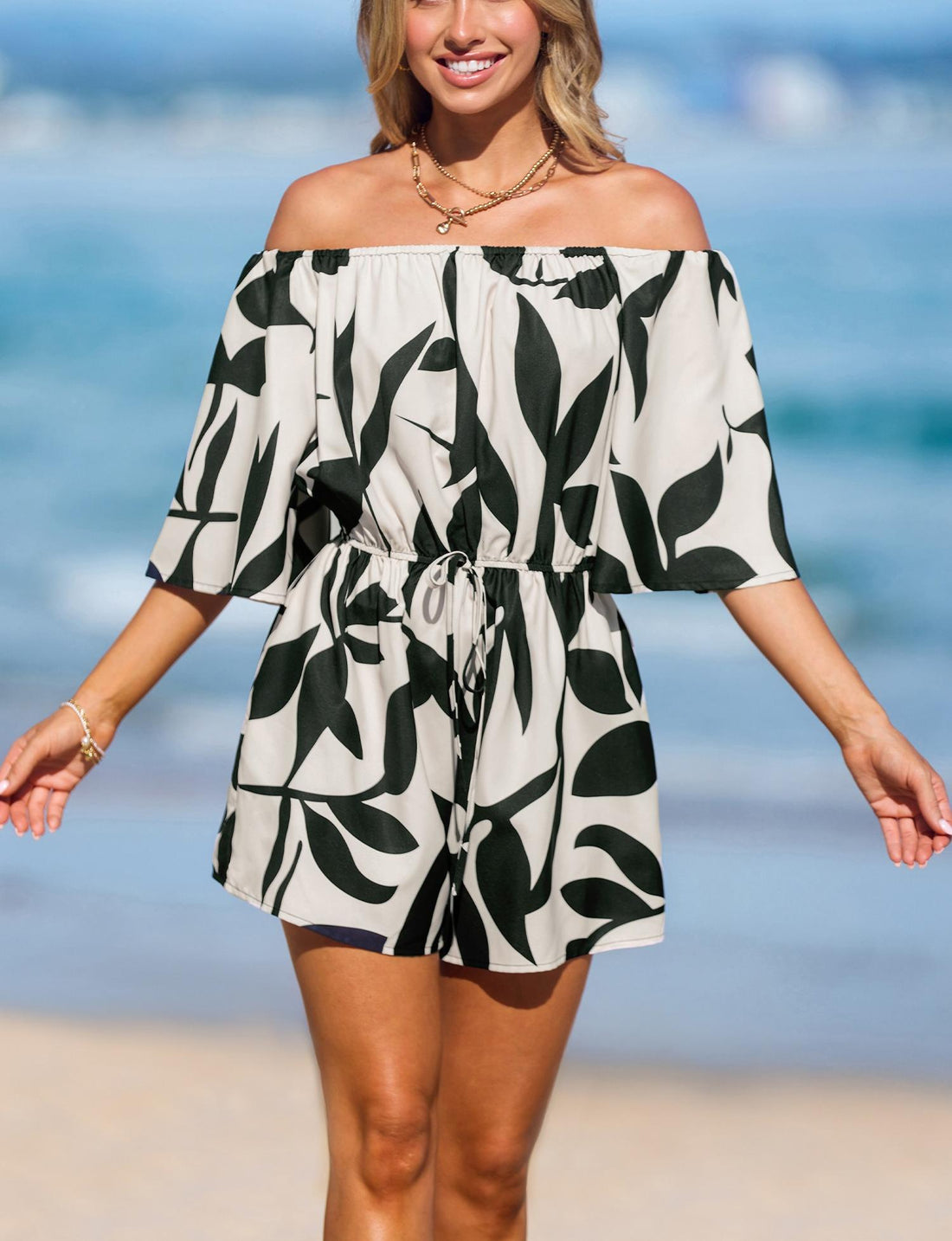 Women's Summer Printed Off Shoulder Bell Sleeve Jumpsuit