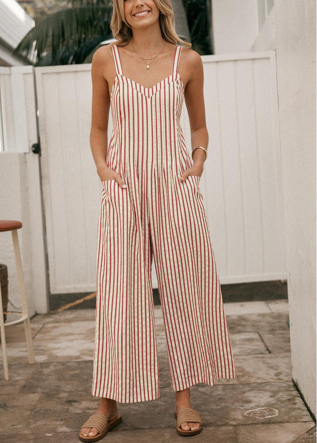 Women's Striped Sleeveless Ruffled Hollow Back Wide Leg Jumpsuit