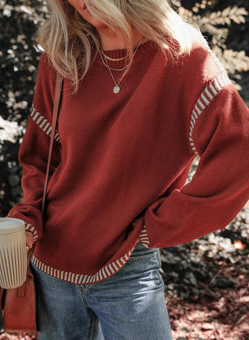 Women's Crew Neck Stitched Loose Sweater Warm Top