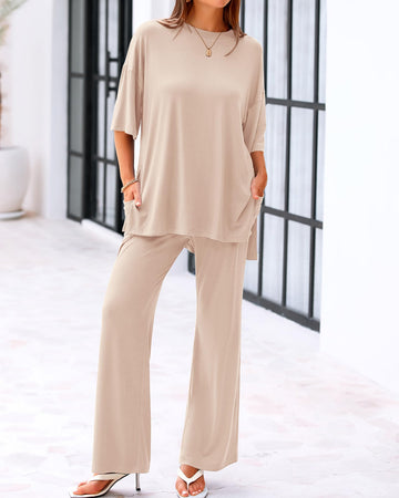 Casual 2-Piece Loose-Fit Short Sleeve Top and Wide-Leg Pants Set with Pockets