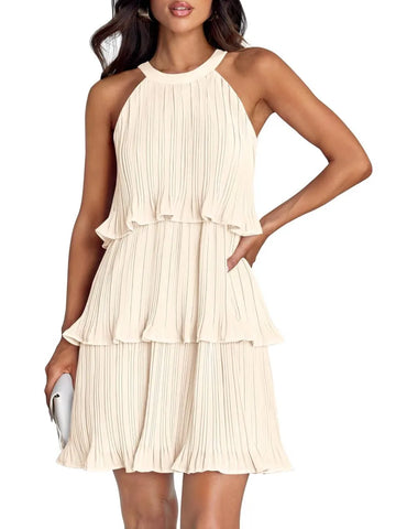Women's Summer Halter Sleeveless Ruffle Tiered Layered Chiffon Pleated Mini Dresses