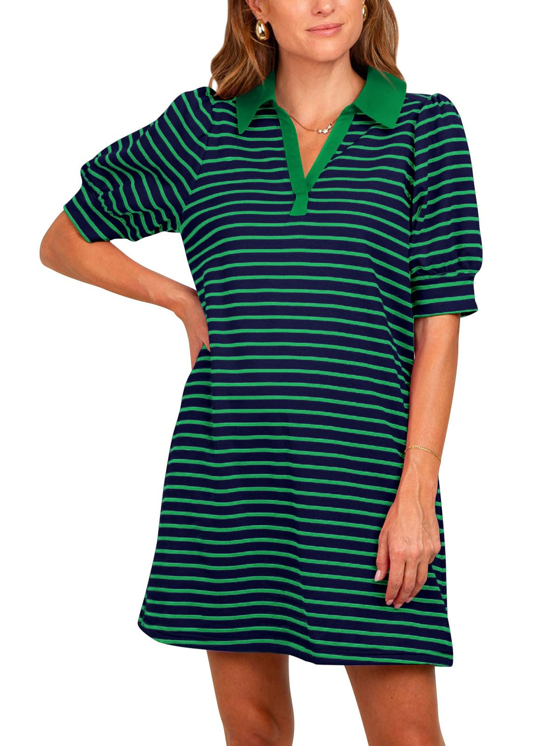 Women's Striped Puff Polo T-shirt Dresses with Pockets
