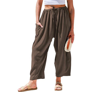 Womens Linen Wide Leg Pants Oversize Casual Loose Beach Palazzo Harem Pants with Pockets