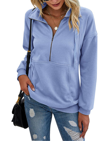 Women's Casual Long Sleeve Lapel Zipper Sweatshirt Drawstring Loose Pullover Tops