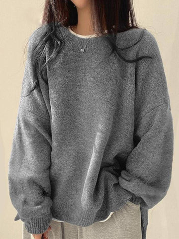 Women's Round Neck Drop Shoulder Split Hem Sweater