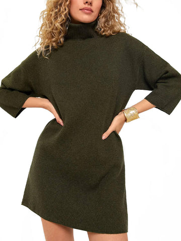 Women's Classic Turtleneck Three-Quarter Sleeve Knitted Sweater Dress