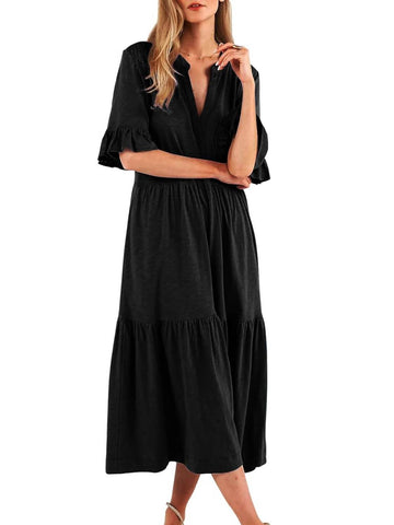 Women's V Neck Casual A Line Loose Tiered Long Dresses
