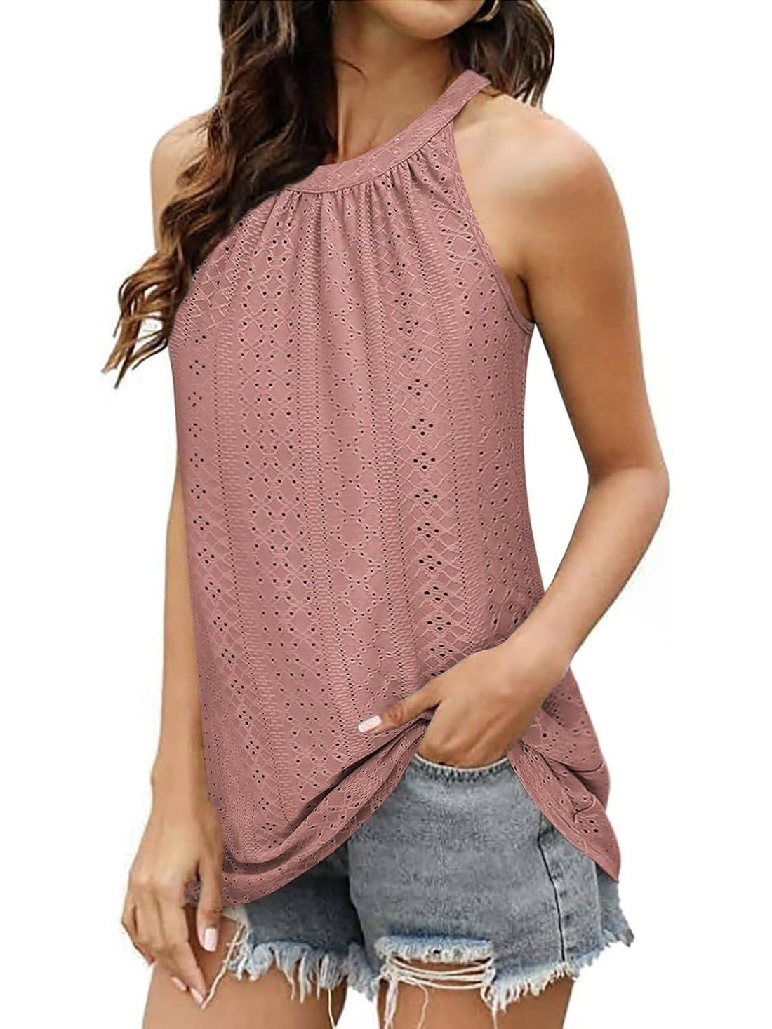 Women Casual Pleated Eyelet Loose Fit High Neck Sleeveless Halter Tank Tops