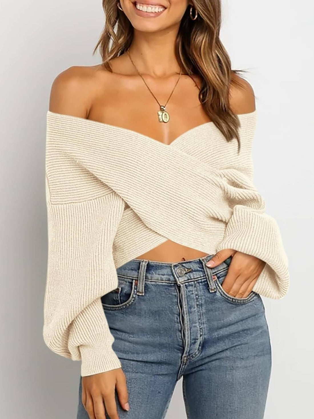 Women's Cross Wrap Front Solid Color V Neck Long Sleeve Sweater