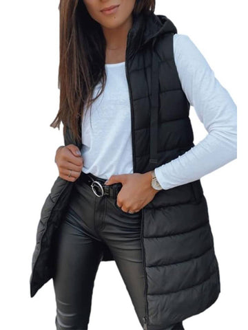 Women Long Solid Color Sleeveless Hood Winter Puffer Vest Outwear