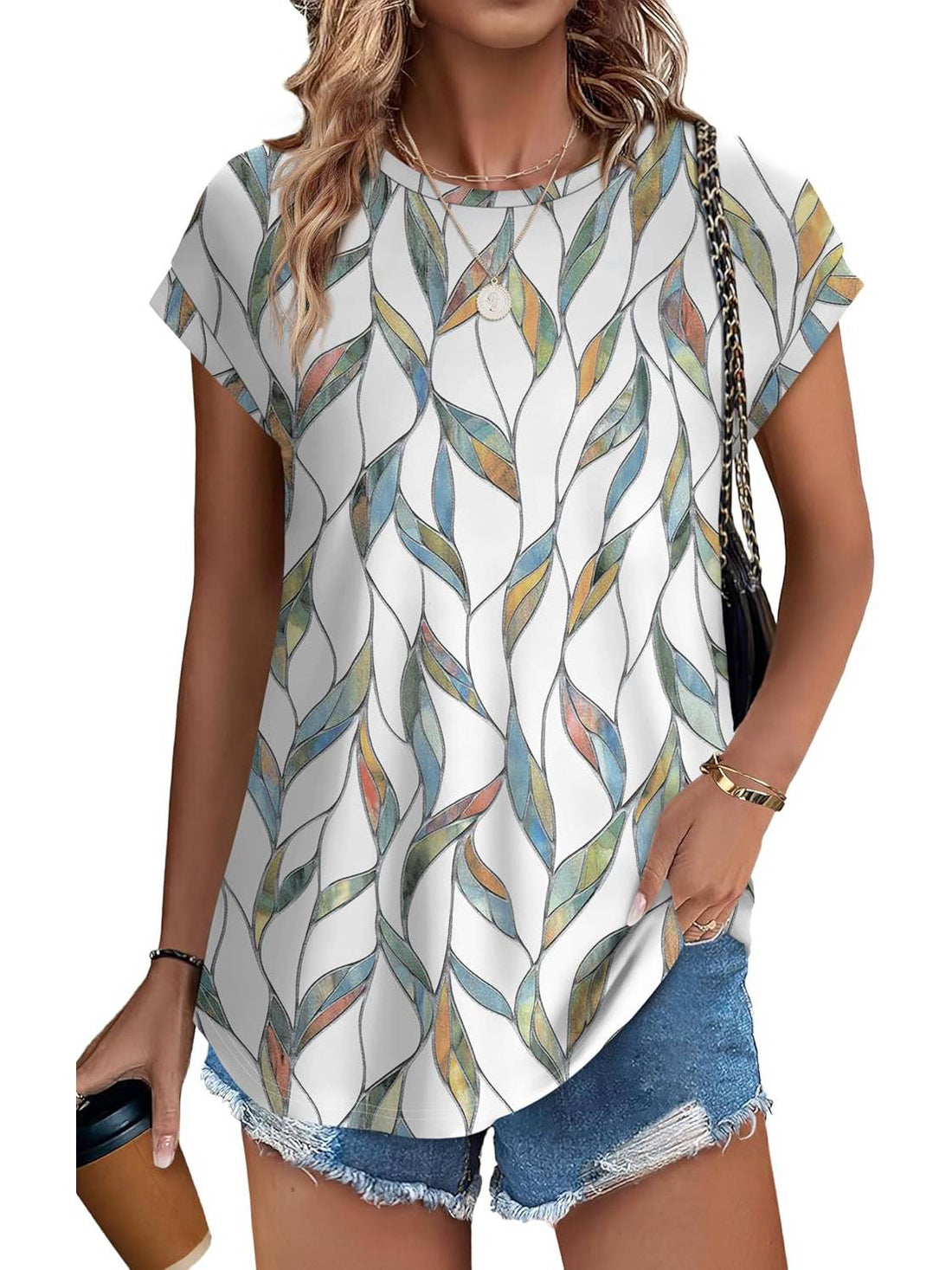 Womens Printing Dressy Casual Cap Sleeve Tops with Curved Hem