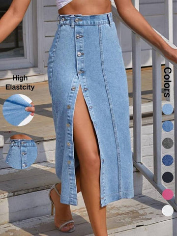 Womens High Waisted Washed Button Front Denim Long Skirt