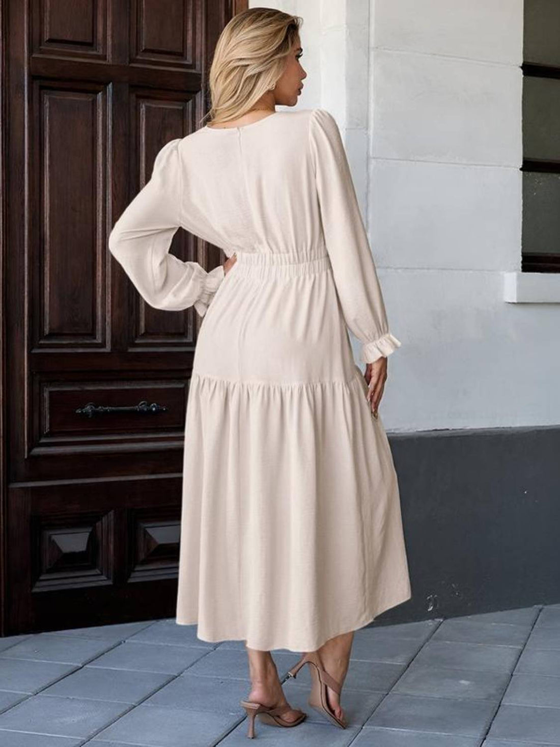 Women’s Deep V Neck Long Sleeve Elastic Waist Maxi Dress