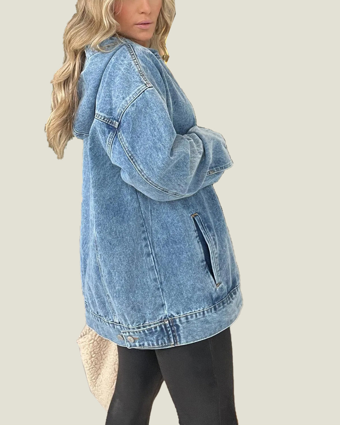 Denim Hooded Sweatshirt with Front Pockets