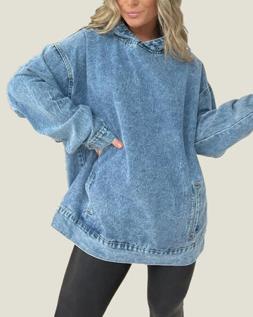 Denim Hooded Sweatshirt with Front Pockets