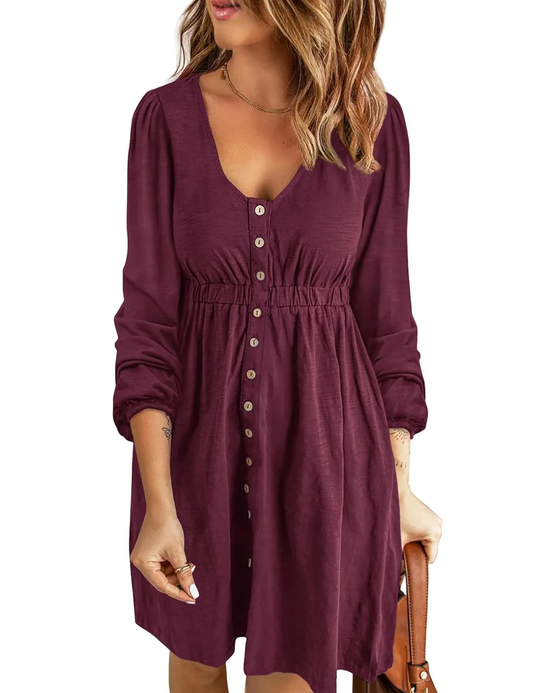 Women's Round Neck High Waist Long Sleeve Button Dress