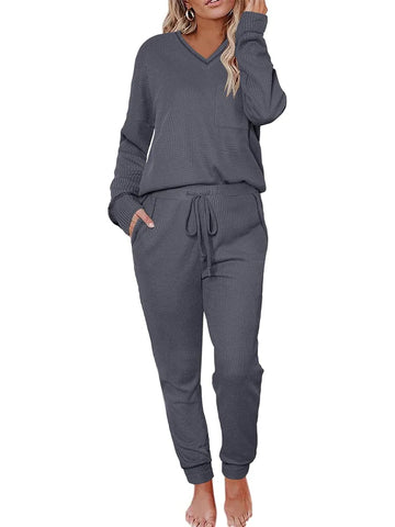 Women's V Neck Waffle Knit Two Piece Lounge Sets