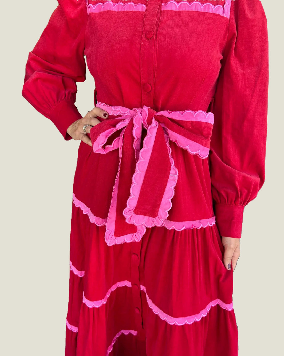 Women's Button Down Scalloped Tiered Corduroy Dress