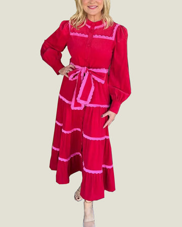 Women's Button Down Scalloped Tiered Corduroy Dress