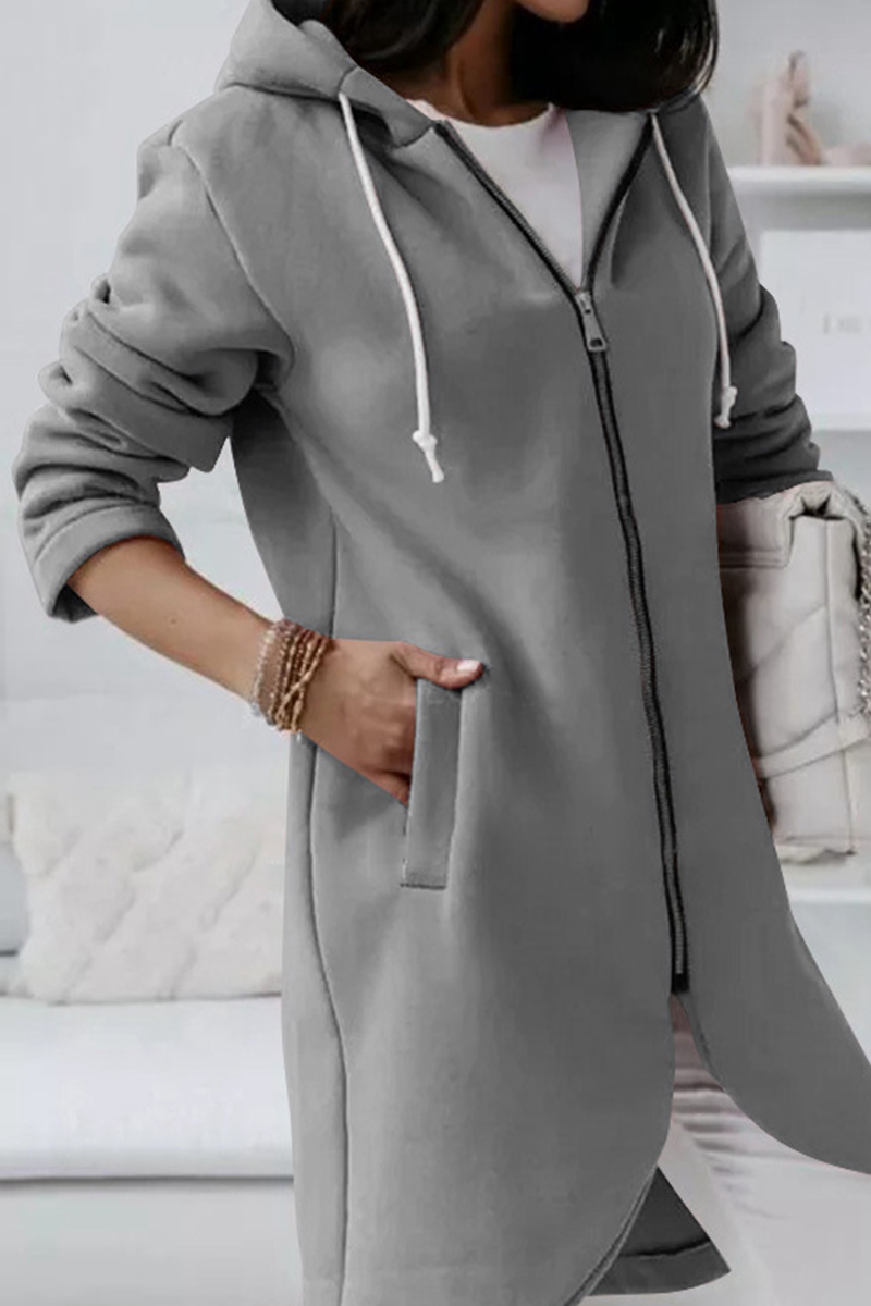 Casual Solid Draw String Zipper Hooded Collar Outerwear