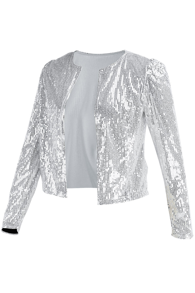 Fashion Solid Sequins Patchwork O Neck Outerwear