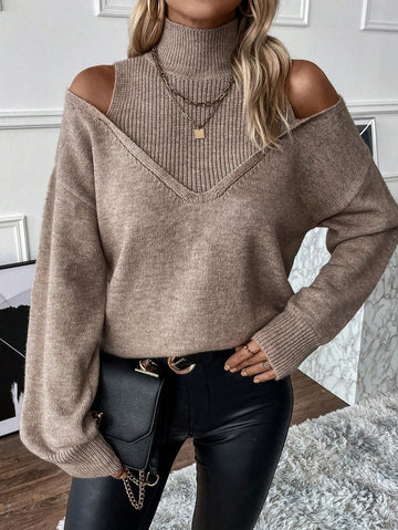Women's Turtleneck Cold Shoulder 2 In 1 Sweater