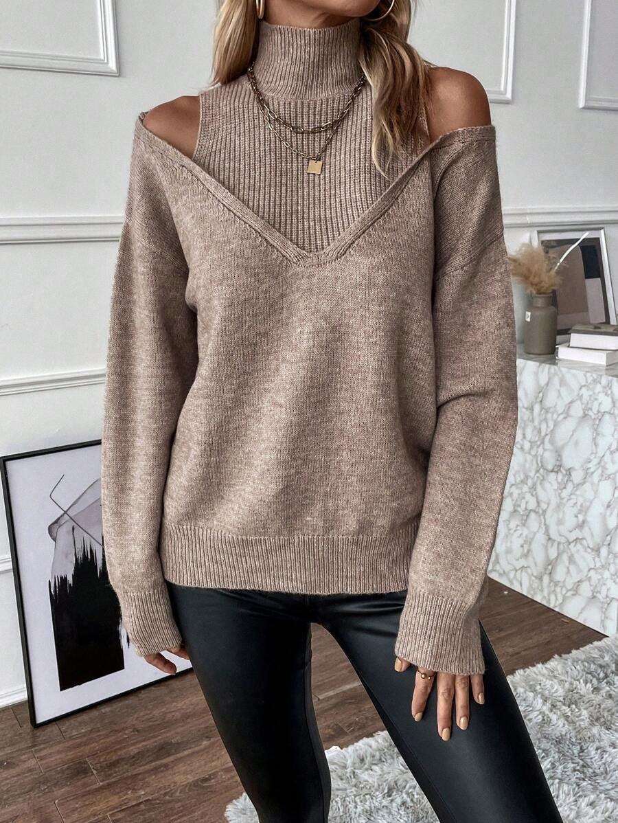 Women's Turtleneck Cold Shoulder 2 In 1 Sweater