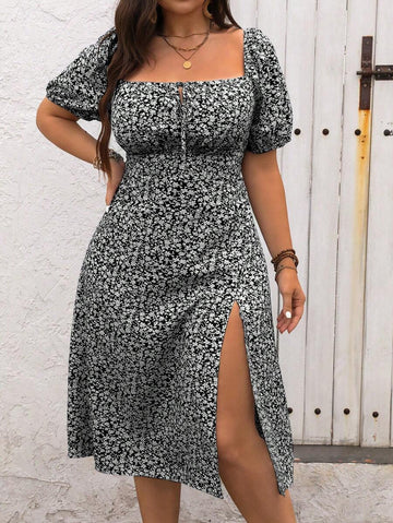 Women's Summer Plus Size Boho Casual Floral High Slit Dress