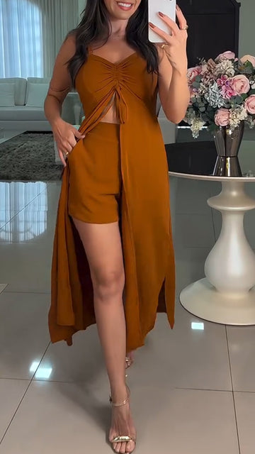 Suspender Slit Long Top And Shorts Casual Suit