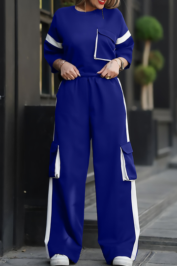 Casual Solid Color Pocket Contrast O Neck Half Sleeve Two Pieces