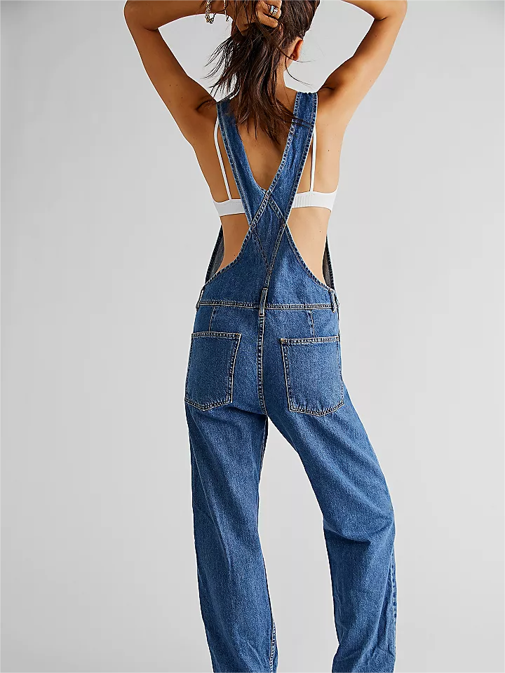Women's Casual Adjustable Straps Denim Wide Leg Jumpsuit with Pockets