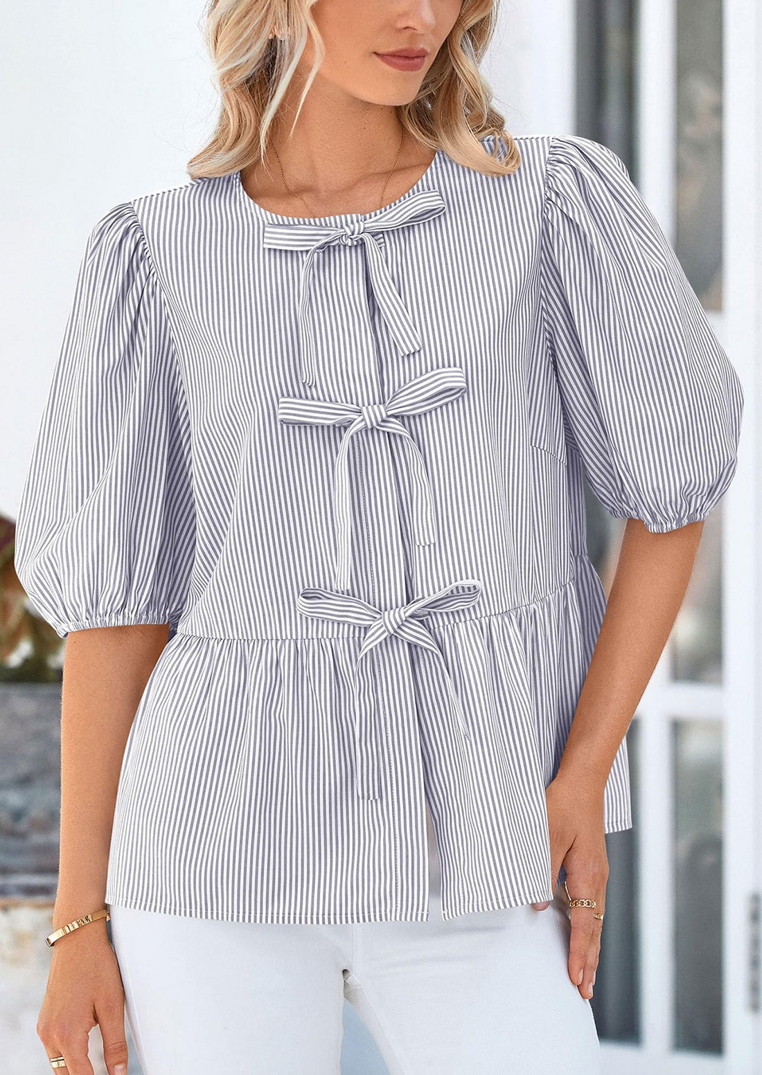 Women's Casual Tie Front Striped Shirt Puff Sleeve Ruffle Top