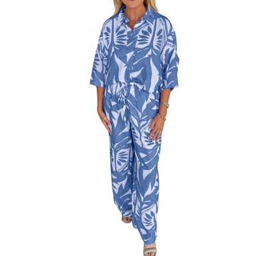 Women's Leaf Print V-Neck Top Wide Leg Pants Set