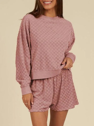 Women's Check Textured Long Sleeve Top and Shorts Set