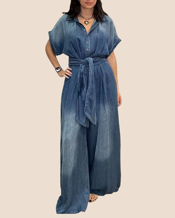 Women's Tie-Waist Wide-Leg Denim Jumpsuit