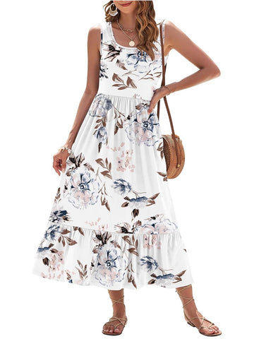 Women's Casual Sleeveless Square Neck Printed Multi-Layer Pocket Dress