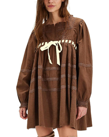 Women's Square Neck Tie Front Long Sleeve Lace Trim Mini Dress