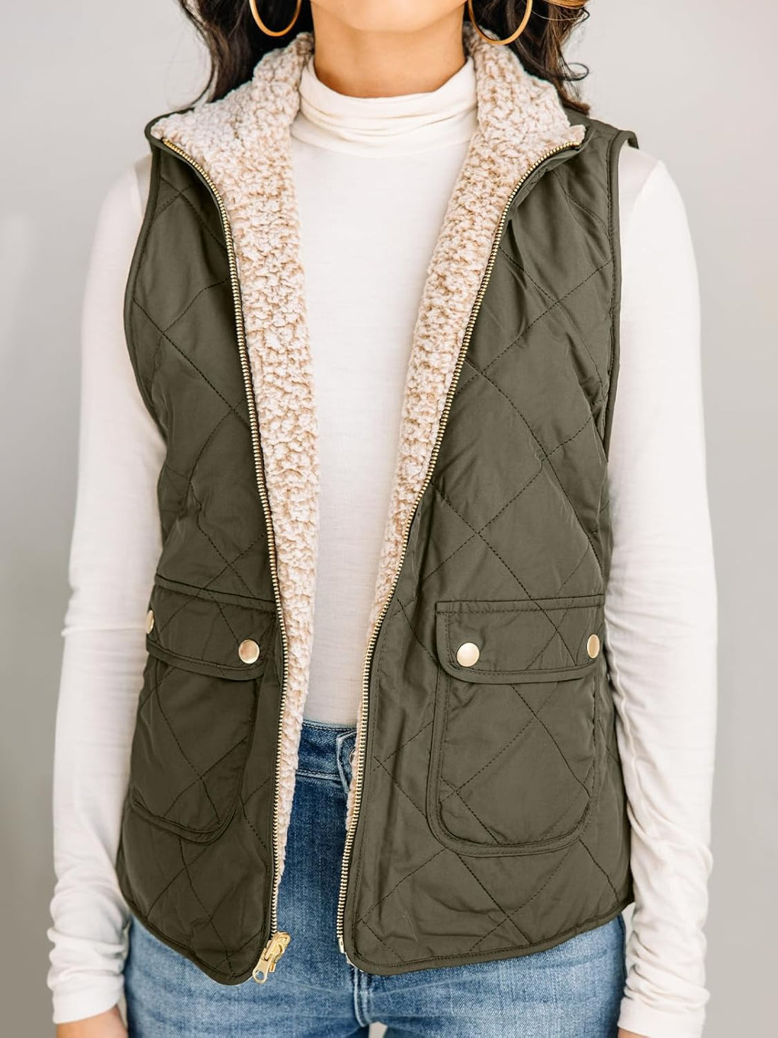Womens Reversible Quilted Sherpa Fleece Vest Lightweight Sports Vest Coat