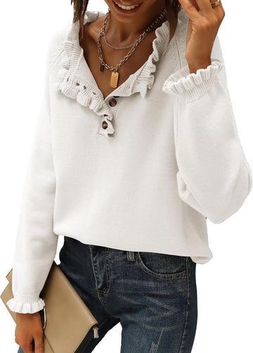 Women's Casual Knitted Button Ruffle Pullover Sweater
