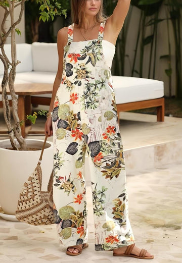 Women's Loose Floral Print Patchwork Double Pocket Jumpsuit