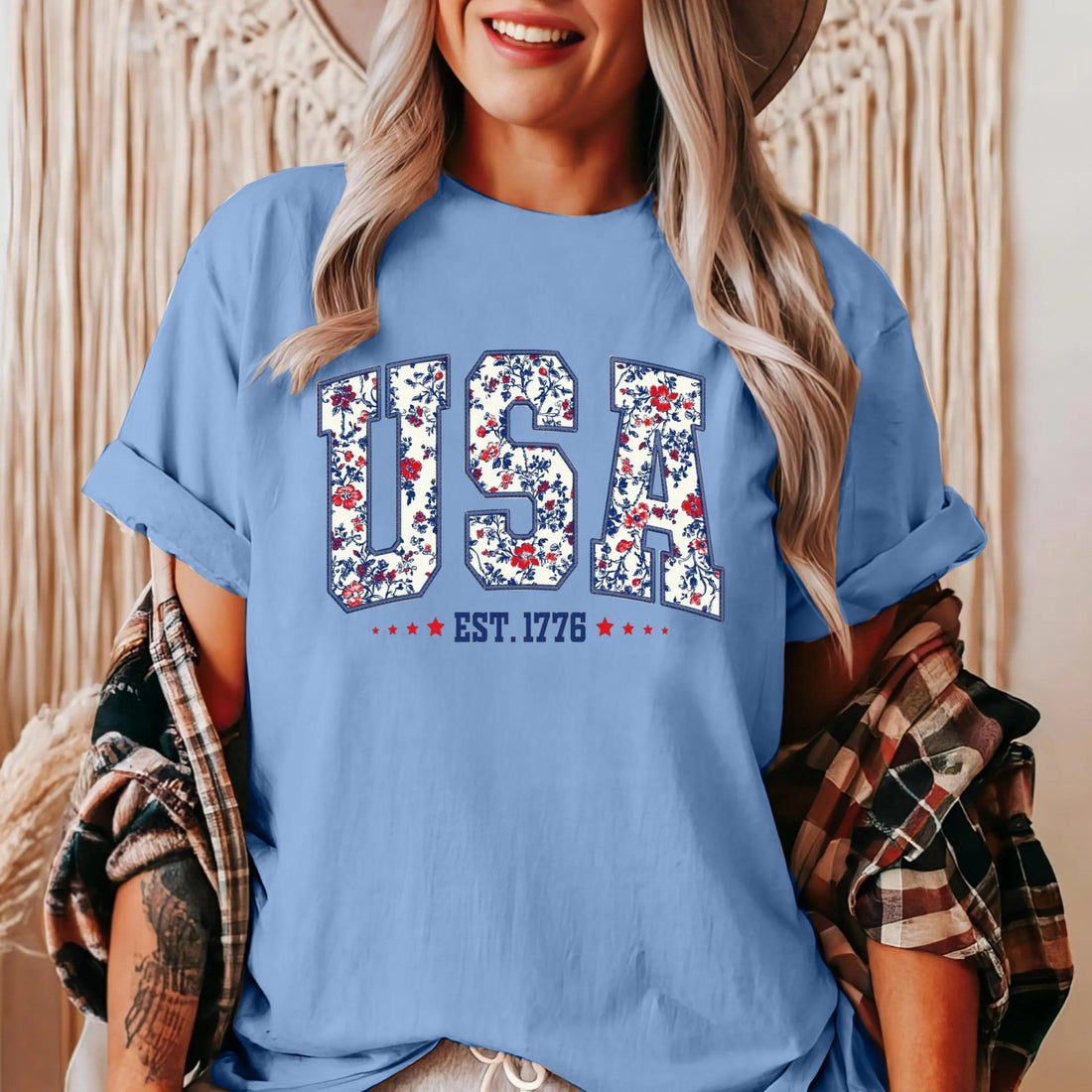 Women's Patriotic Floral USA Graphic Tee, Independence Day Shirt