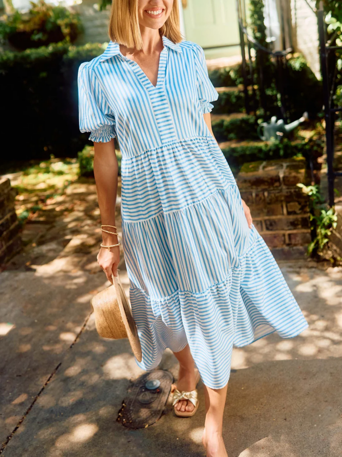 Women's Striped V-Neck Puff Sleeve Dress
