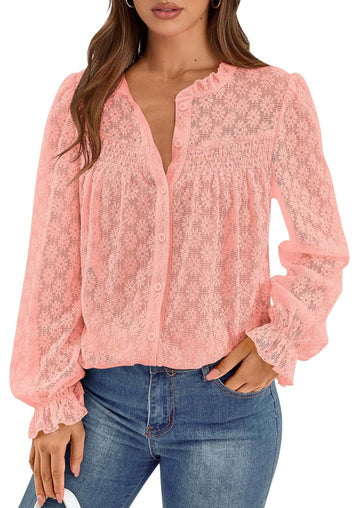 Women's Dressy Casual Lace Flower Hollow Long Sleeve Shirt