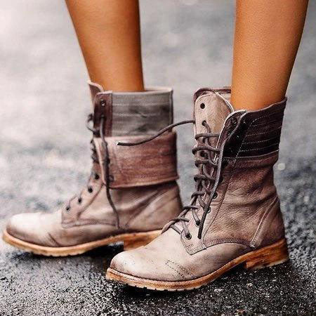 Retro Lace Up Combat Boots Women's Motorcycle Boots Cow Heel Combat Boots